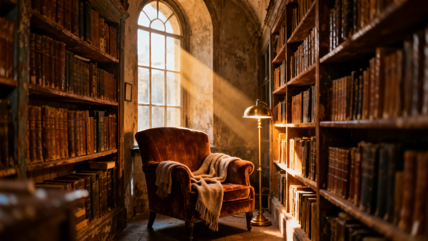 Intérieur d'une librairie ancienne baignée de lumière dorée